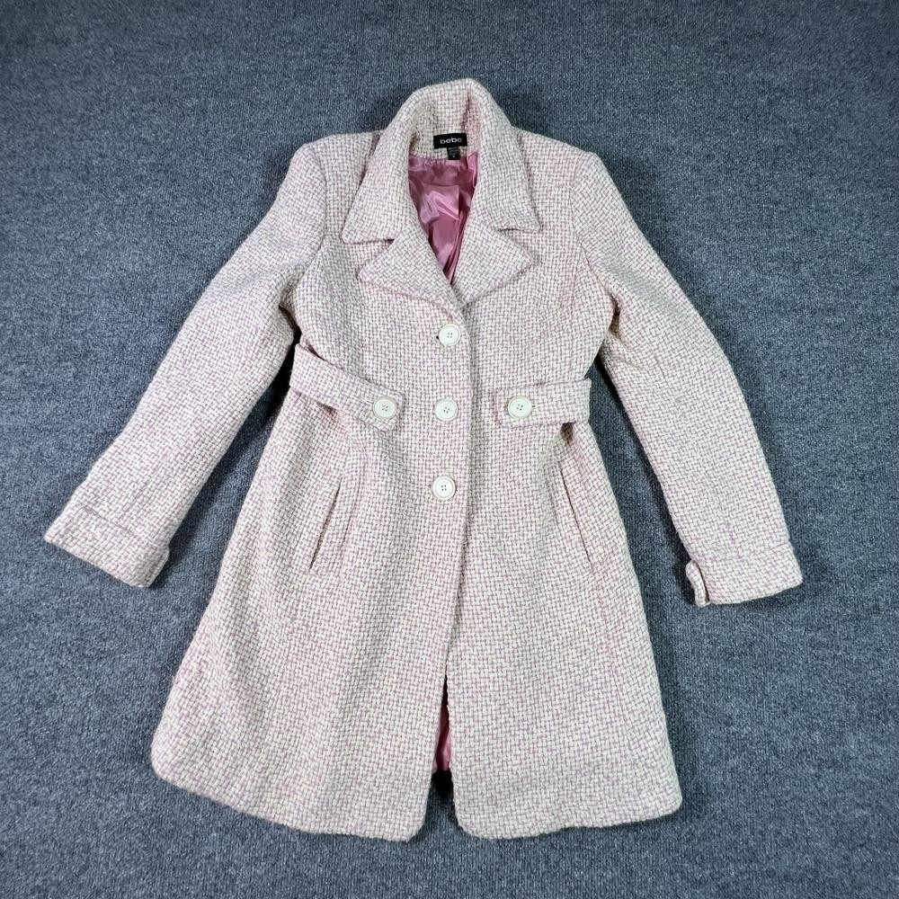 Bebe Trench Coat Womens M Beige Pink Wool Knit Belted Preppy Career Office
